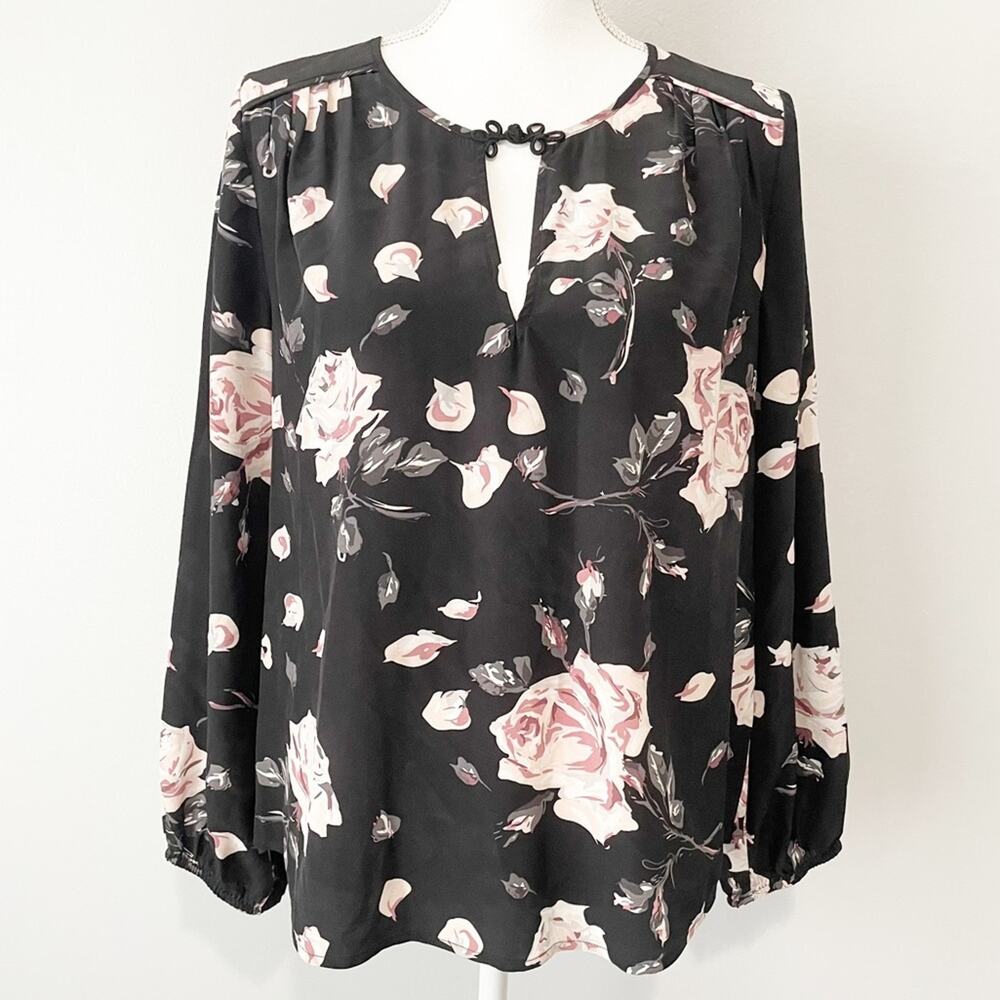 Joie black floral silk poet blouse size small artist black